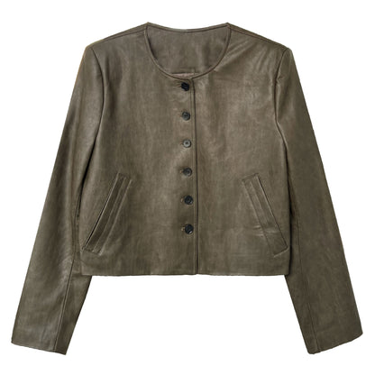 Vintage round neck PU leather jacket women's green single breasted jacket top