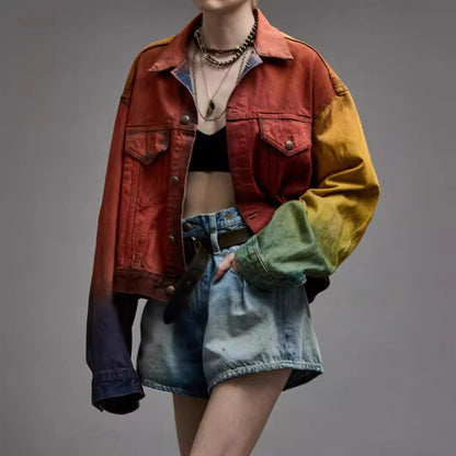 Wash and spray color denim jacket for women, thin design, retro and trendy casual top, short style