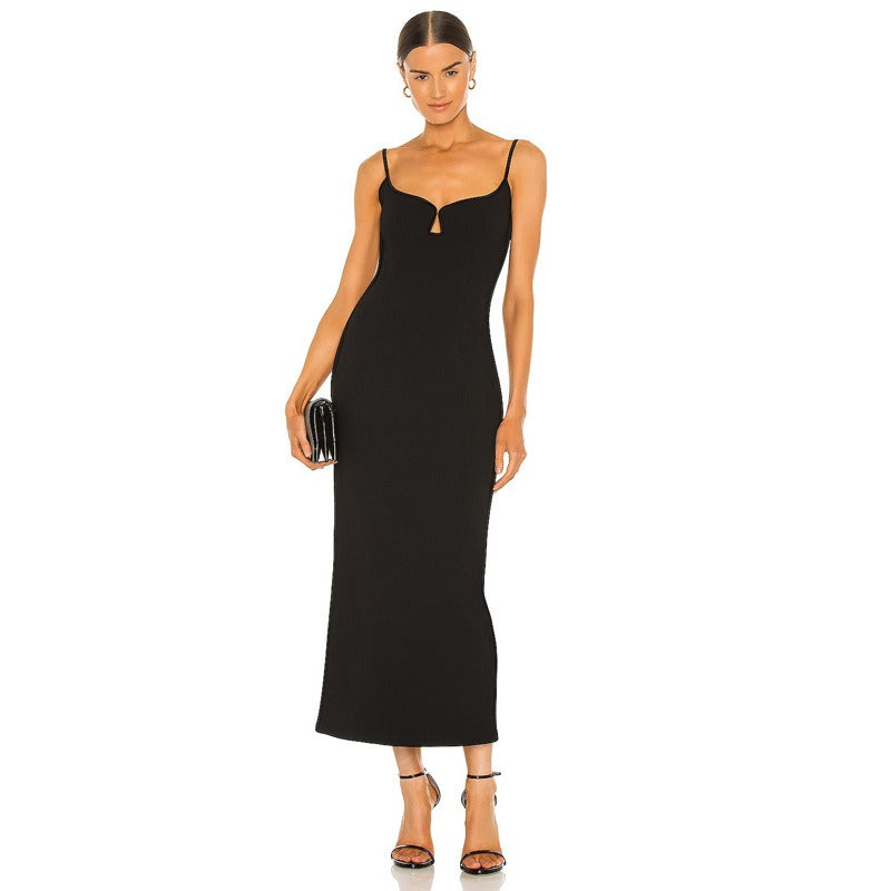 Long black backless sleeveless dress with sling bandage for women