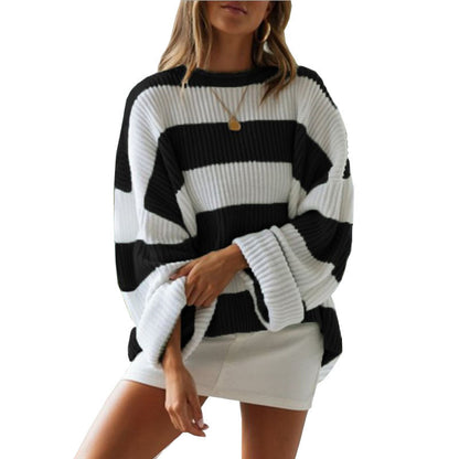 Autumn and winter new sweater women's rolled edge round neck striped color blocked loose pullover knitted sweater