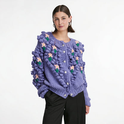 Sweater Buckle Hook Flower Handmade Loose Round Neck Long Sleeve Knitted Cardigan Coat