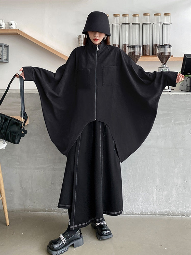 Black Drawstring Big Size Irregular Jacket New Stand Collar Batwing Sleeve Women Coat Fashion Spring Autumn