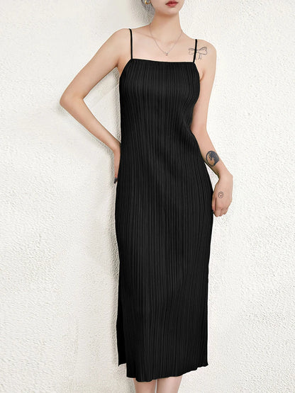 Temperament Pleated Halter Dress Female Summer A Collar Slim Slim Thin Open Fork Medium-Length Models