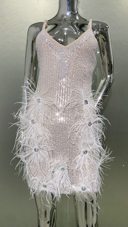 Summer sparkling diamond feather sexy low-cut sequin suspender dress luxury socialite party dress