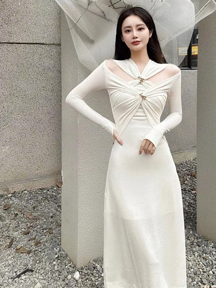 Knitting White Dresses For Women V Neck Long Sleeve High Waist Hollow Out Slim Dress Female Summer