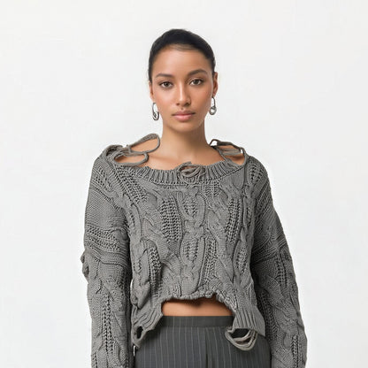 Gray Holes Big Size Knitting Sweater Round Neck Long Sleeve Women Pullovers New Fashion Tide Spring Autumn