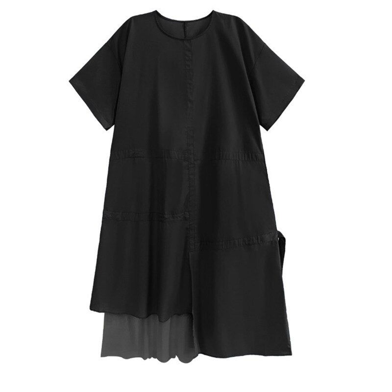 Women Black Mesh Irregular Big Size Dress New Round Neck Short Sleeve Loose Fit Fashion Trend Spring Summer