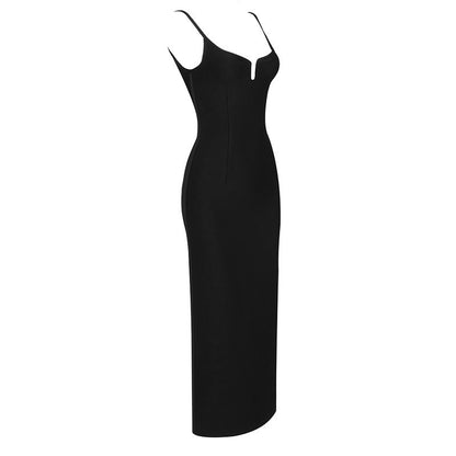 Long black backless sleeveless dress with sling bandage for women