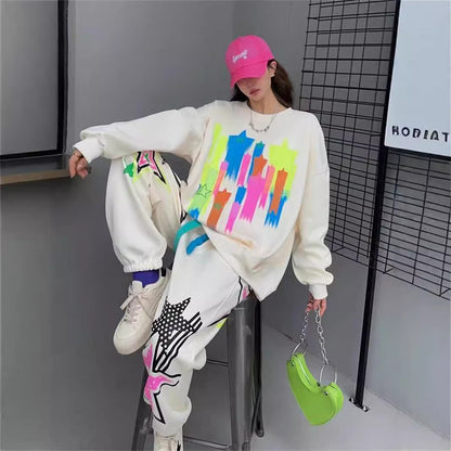 Hoodie women's long and fashionable cartoon graffiti print loose casual round neck autumn outfit set