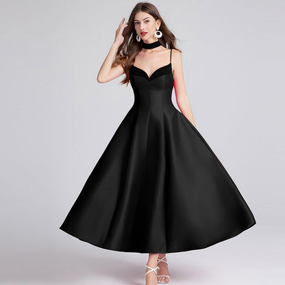 French retro socialite temperament Hepburn style sexy backless standing cut patchwork waist cinched V-neck suspender dress dress