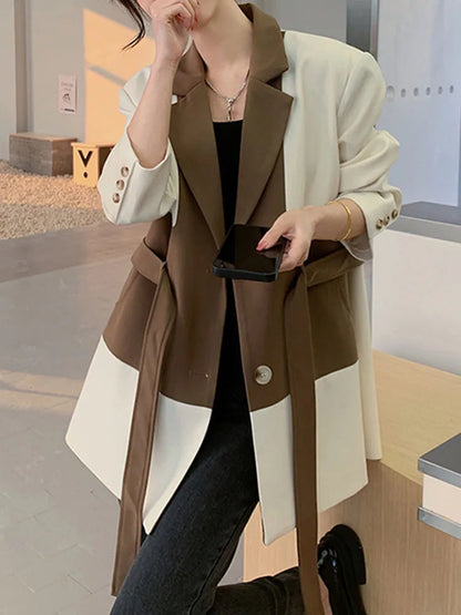 Color Block Laple Blazer Coat Women Full Sleeve Single Breasted Belt Casual New Versatile  Female Loose