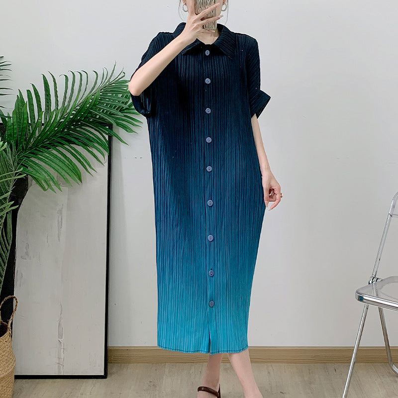 Gradient printed pleated lapel dress new stylish slim fit straight tube pleated long skirt for women