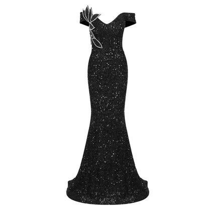 Flash Diamond Blade V-Neck Off Shoulder Black Sequin Dress