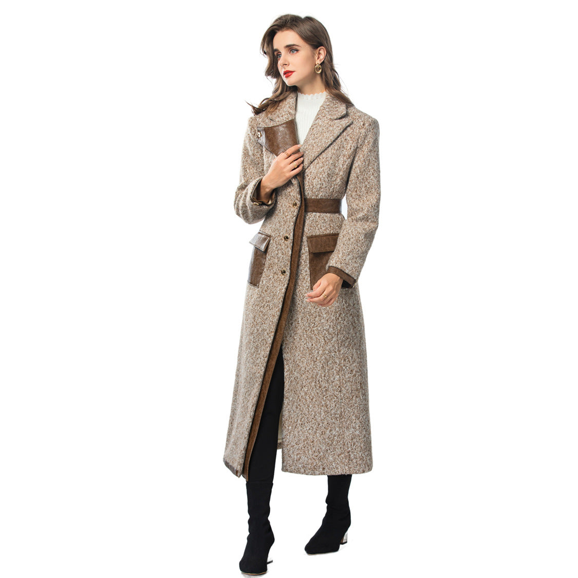 Retro lapel fur roll PU splicing single breasted long women's trench coat jacket