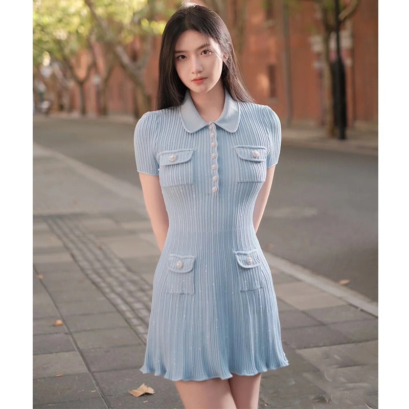 Haze Blue Thread Knitted Diamond Button Flip Collar Short sleeved Dress