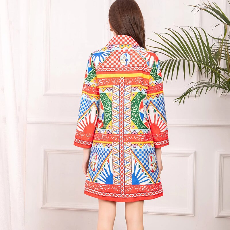 Early Spring New Women's Lapel Long Sleeve Colorful Geometric Print Loose Trench Coat