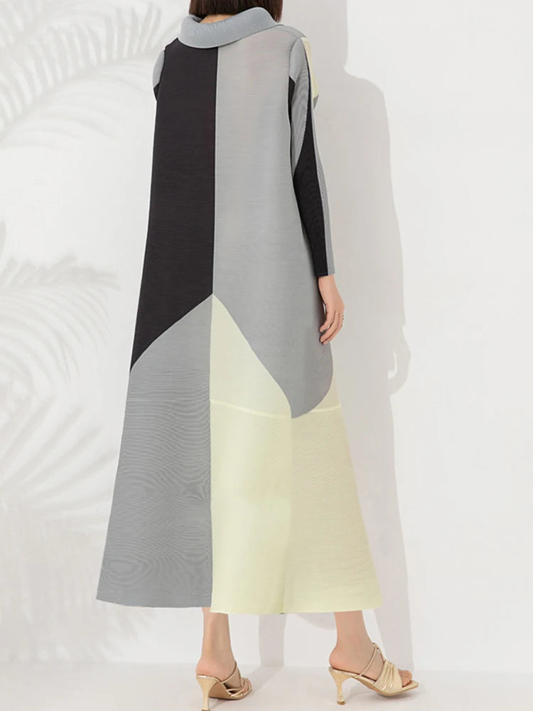 Wrinkled spring and summer new dress with fashionable temperament, color blocking print, loose oversized breasted long style, shaking skirt