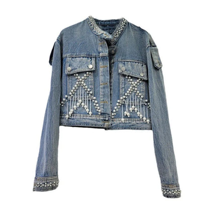 Nail pearl studded diamond fringed denim jacket for women