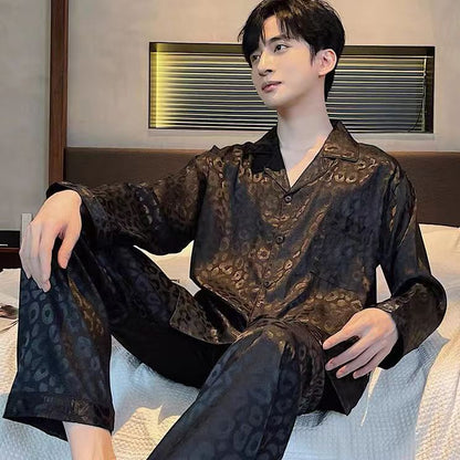 Ice silk long sleeved pajamas for men and men simulated silk plus size home suit set