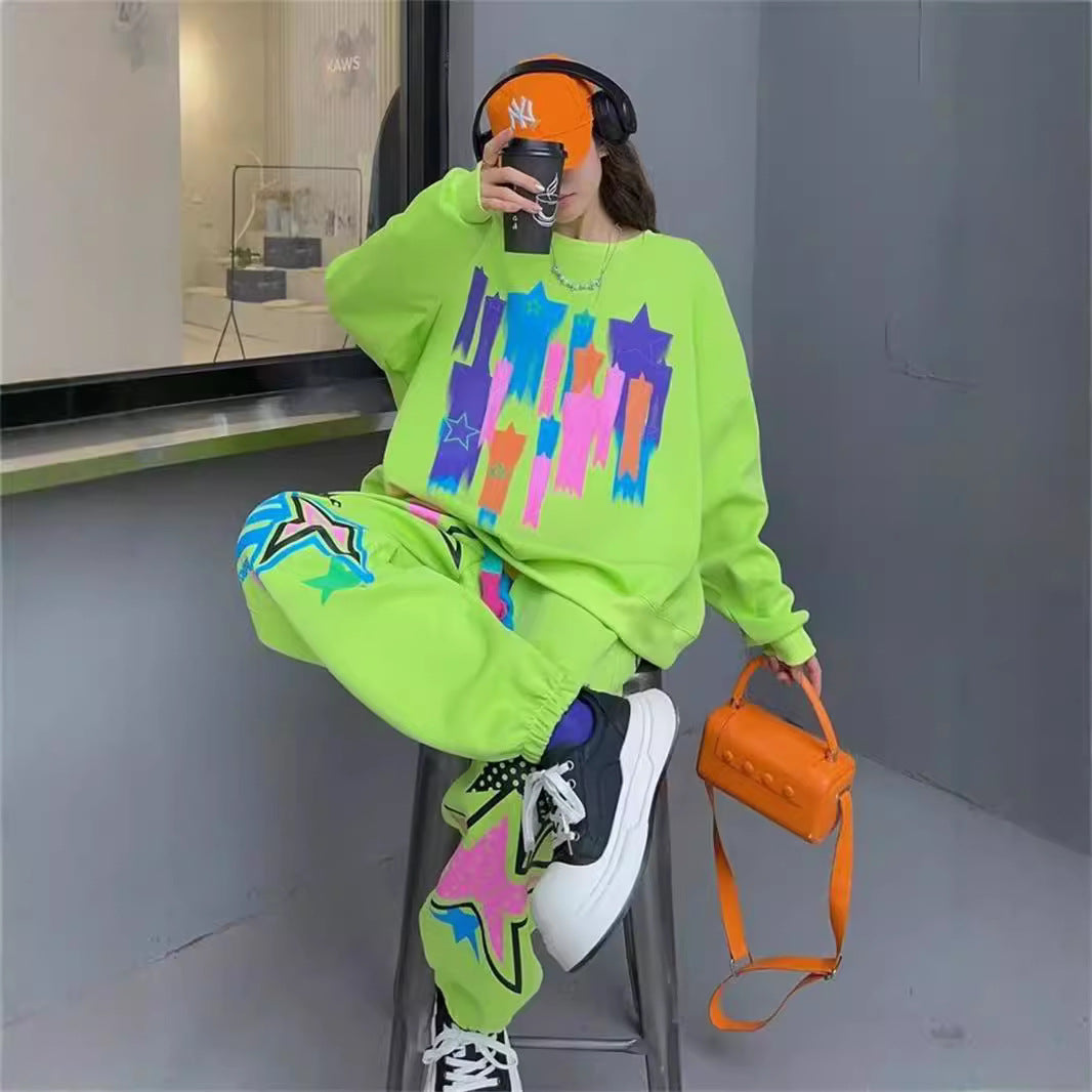 Hoodie women's long and fashionable cartoon graffiti print loose casual round neck autumn outfit set