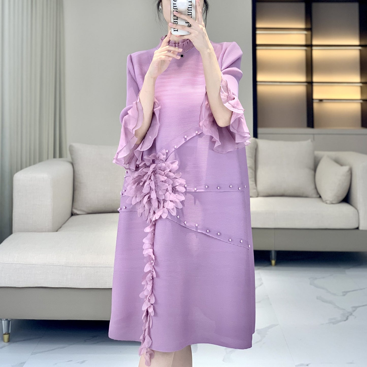 High end Heavy Industry Wrinkle Dress New Small Mom Spring/Summer Style Skirt Fat MM Large Female