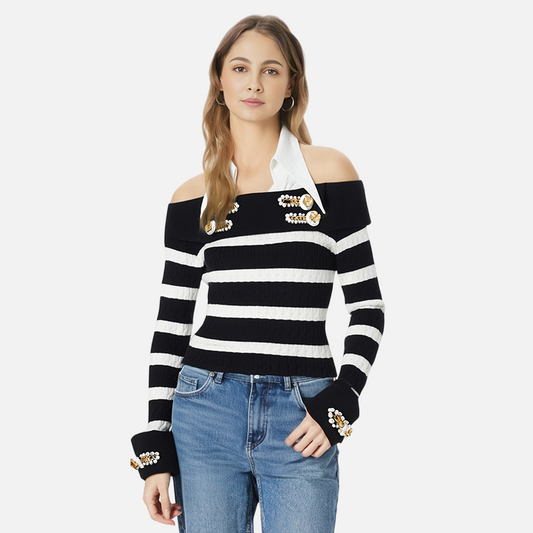 Rock Navy style shirt collar design nail bead buckle black and white striped off shoulder knit sweater