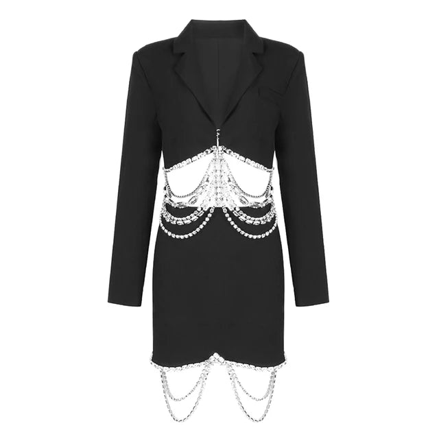 VC Two-piece Ladies Lapel Top 2 Colors Fashion Diamond-studded Chain Hollow Long-sleeved Suit For Women