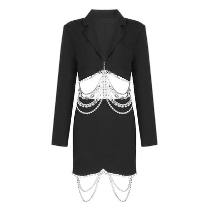 VC Two-piece Ladies Lapel Top 2 Colors Fashion Diamond-studded Chain Hollow Long-sleeved Suit For Women