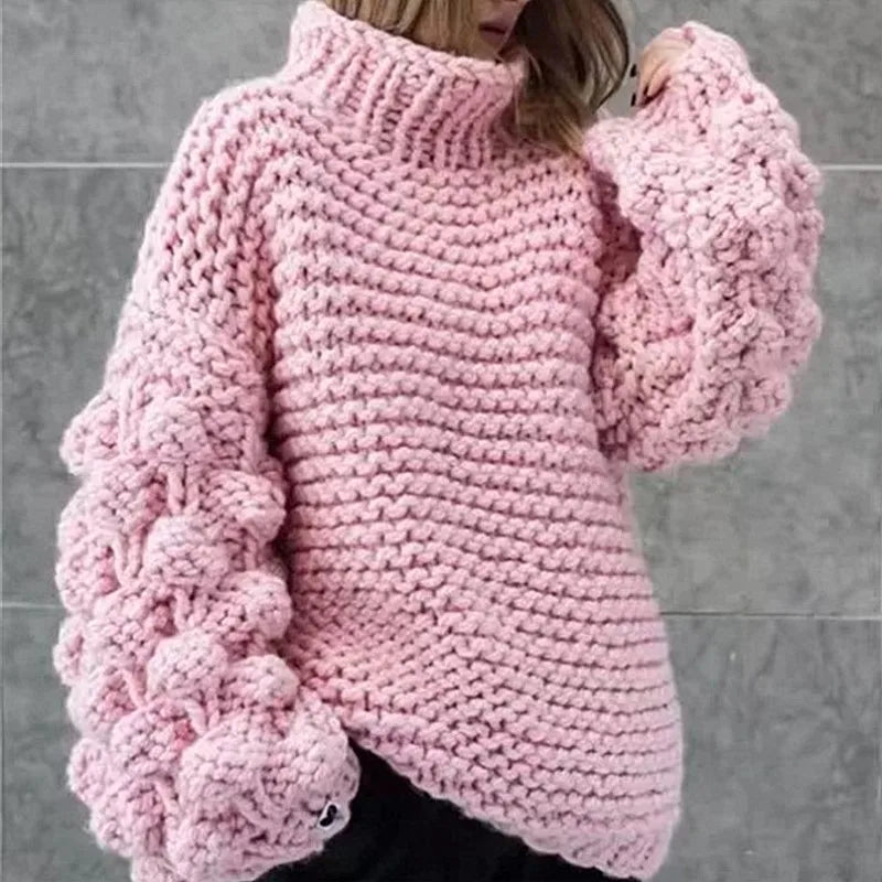 New autumn and winter fashionable sweaters with knitted pom-poms and lantern sleeves