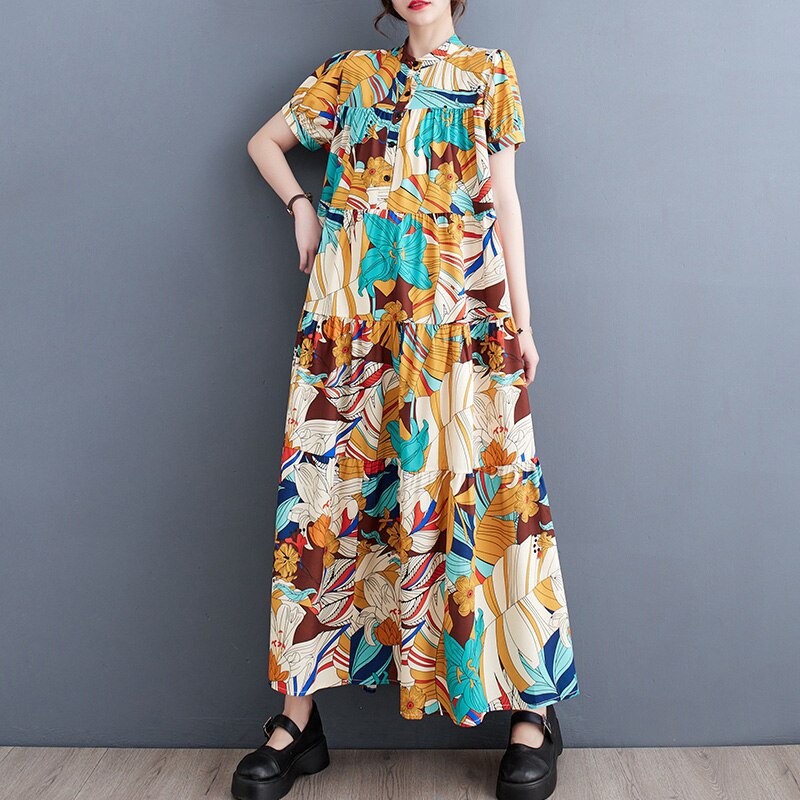 Oversized Floral Printed A-Line Rufles Dress Summer Woman Loose Casual Holiday Big Size Beach Cotton Korea Ladies Dresses