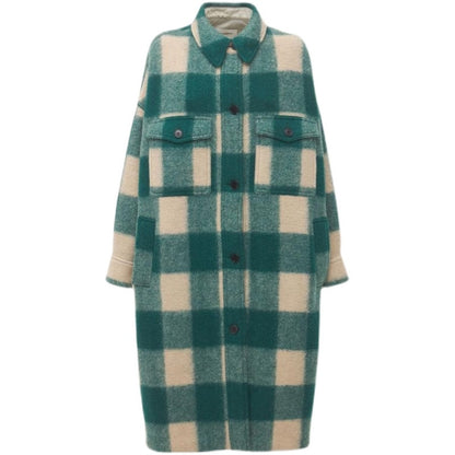 Back Logo Women Woolen Mid-Length Coat Winter Single-Breasted Ladies Plaid Long Sleeve Outwear Tops with Double Pockets