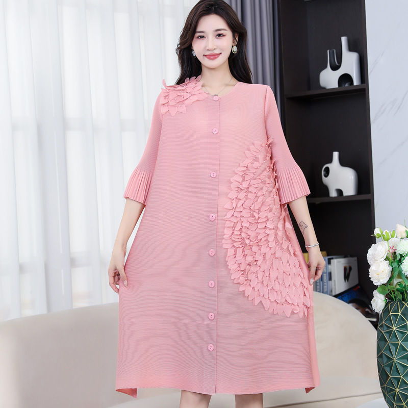 Wrinkle original design belly covering dress, new three-dimensional floating flower high-end Western style cardigan skirt