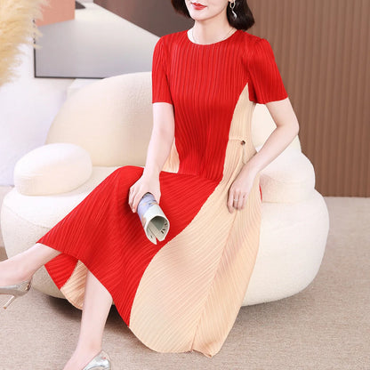 Women Pleated Color Block Dress Split Loose  Spring Summer New O Neck Patchwork Holiday Fashion Female Clothes Dress