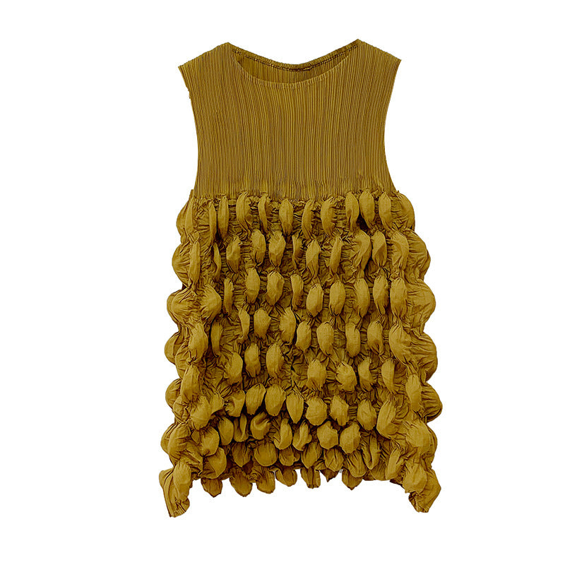 New design bubble pleated sleeveless top with versatile commuting style, slimming T-shirt vest for women