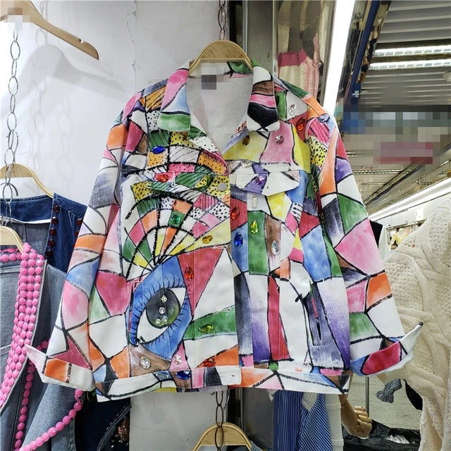 Rainbow Color Denim Jacket Spring New Autumn Women's Loose Personality Graffiti Print Diamond Turn-Down Collar Outerwear