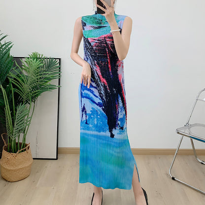 Summer women's fashion French elegant holiday print pleated sleeveless vest dress