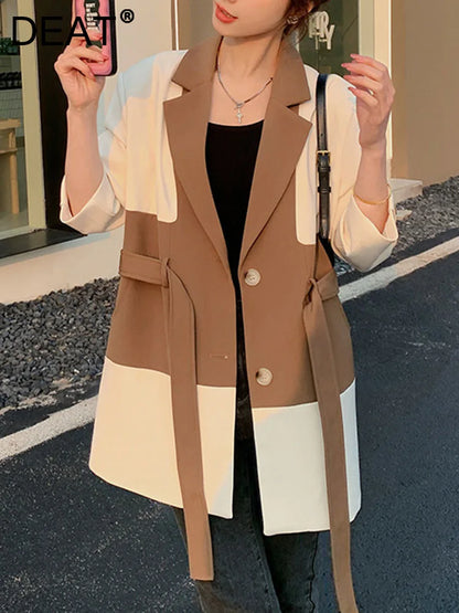 Color Block Laple Blazer Coat Women Full Sleeve Single Breasted Belt Casual New Versatile  Female Loose