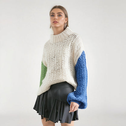 Handmade color blocked two-color lantern sleeve sweater for women