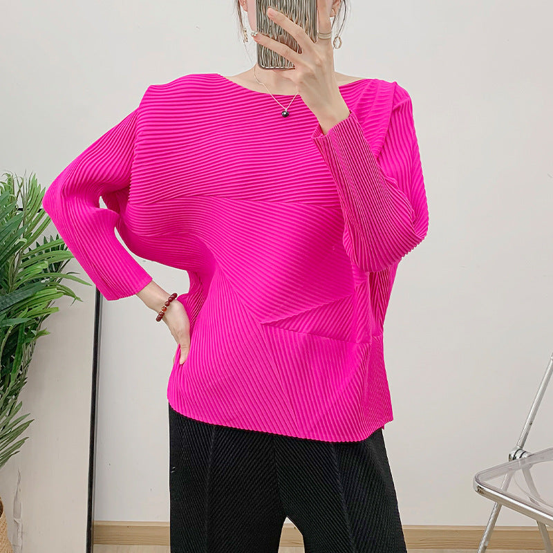 Wrinkled round neck batball sleeve top for women autumn style loose long sleeved pleated solid color handmade pleated base T-shirt