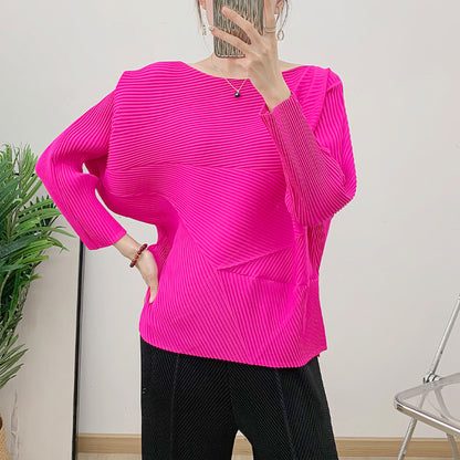 Wrinkled round neck batball sleeve top for women autumn style loose long sleeved pleated solid color handmade pleated base T-shirt