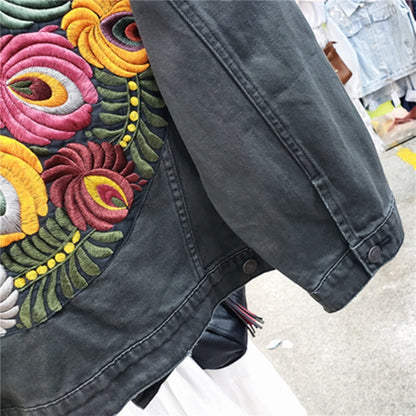 vintage floral embroidery denim jacket women cowboy long sleeve turn down collar casual denim coat streetwear outwear P904