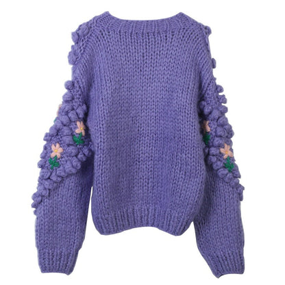 Sweater Buckle Hook Flower Handmade Loose Round Neck Long Sleeve Knitted Cardigan Coat