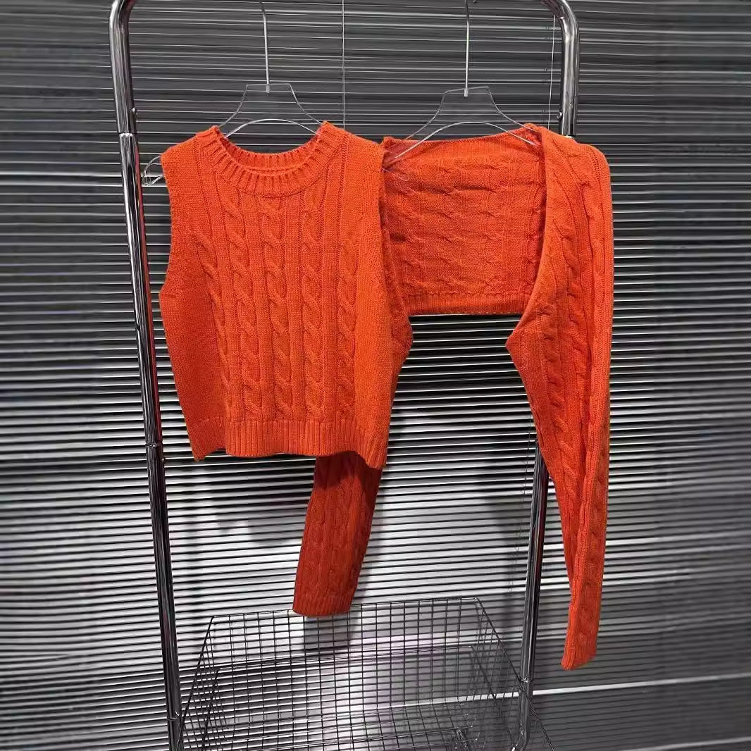 Fried Dough Twists knitting orange vest+two piece sweater