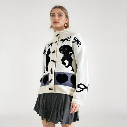 Dog love bow jacquard cow horn button knitted cardigan jacket fashionable and versatile niche top