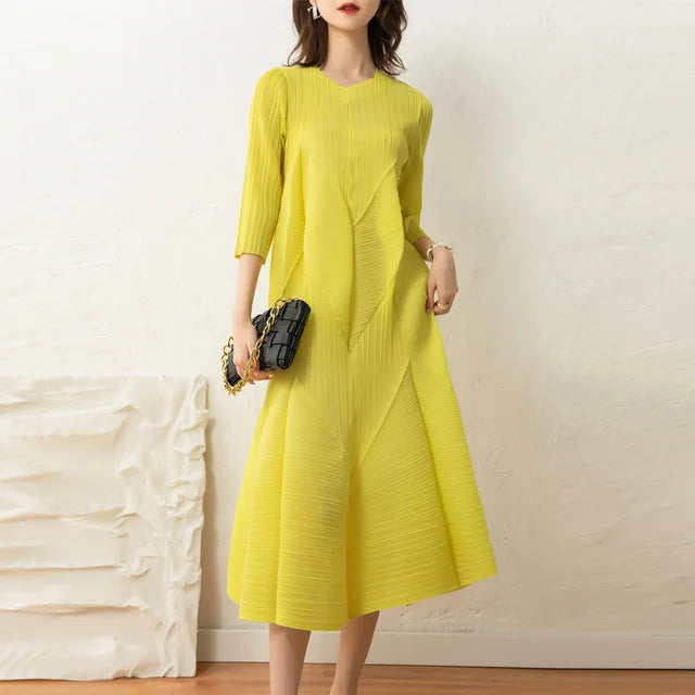 Elegant Pleated Dress For Women Round Neck Long Sleeves High Waist A-line Dresses Fashion Clothing