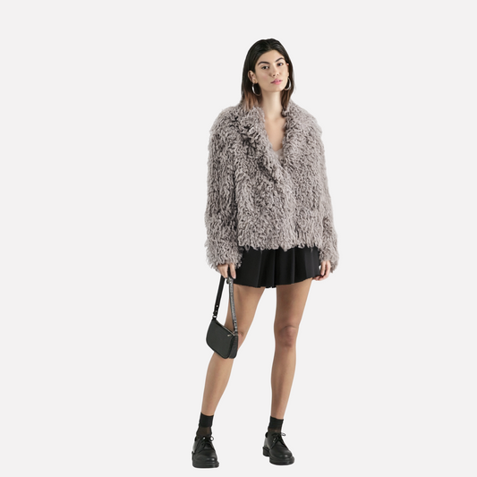 European and American style faux fur effect lapel long sleeved knitted jacket