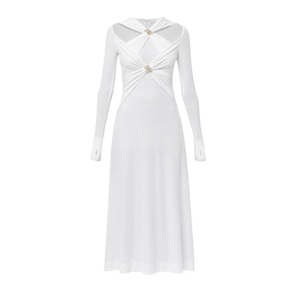 Knitting White Dresses For Women V Neck Long Sleeve High Waist Hollow Out Slim Dress Female Summer