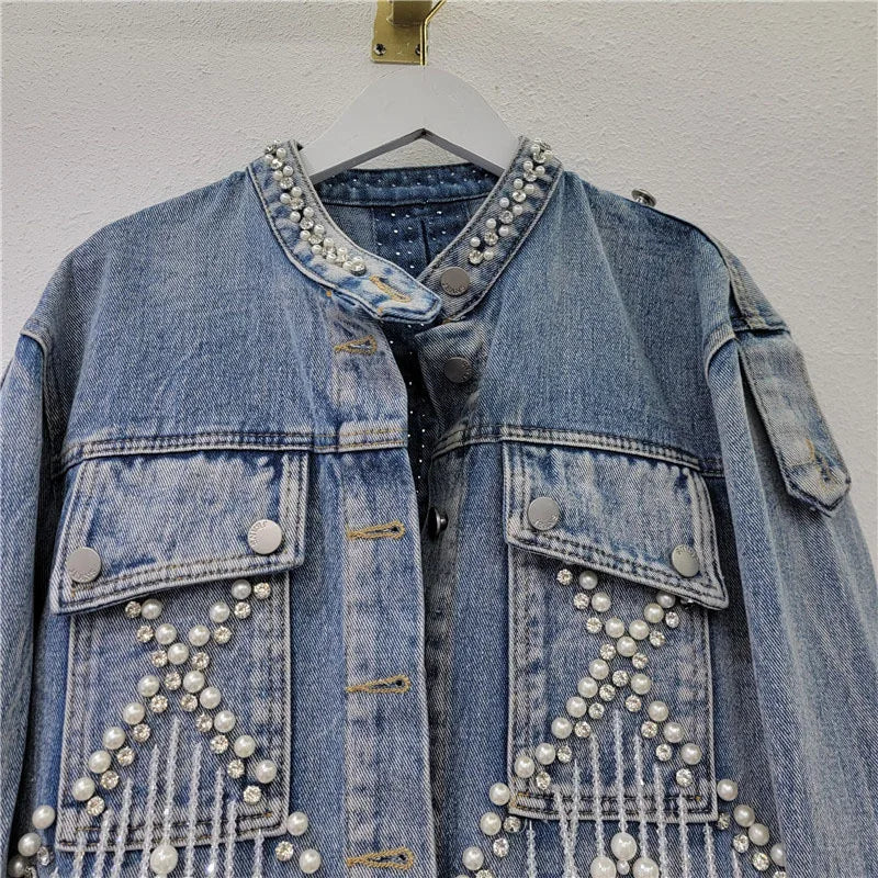 Nail pearl studded diamond fringed denim jacket for women