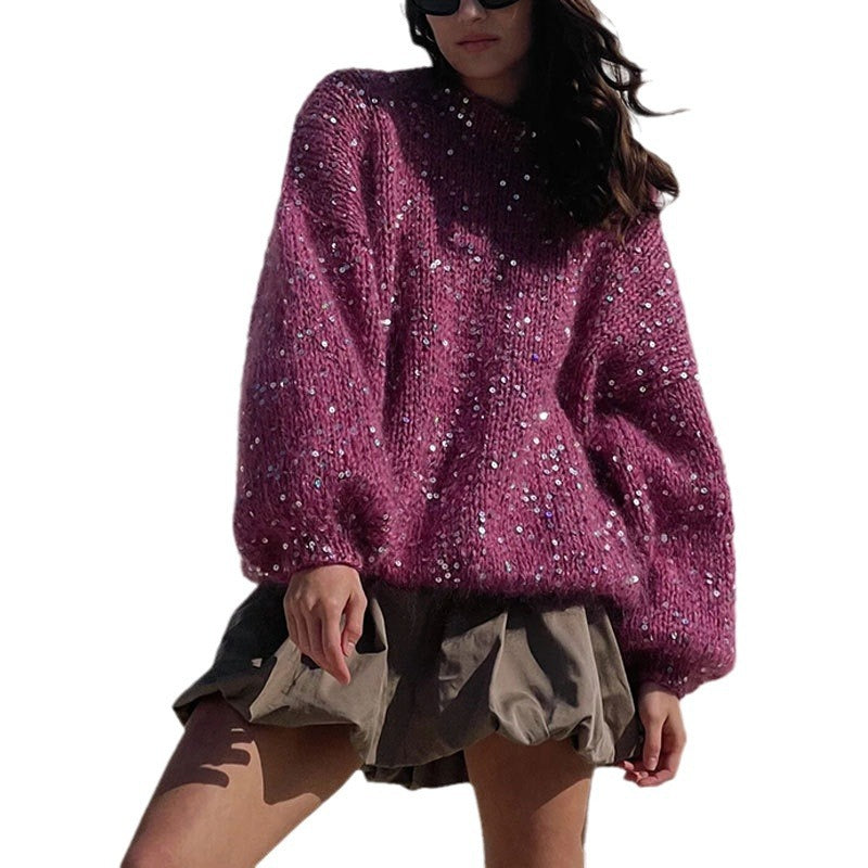 Fashionable sequined sweater, loose round neck lantern sleeve head, knitted sweater