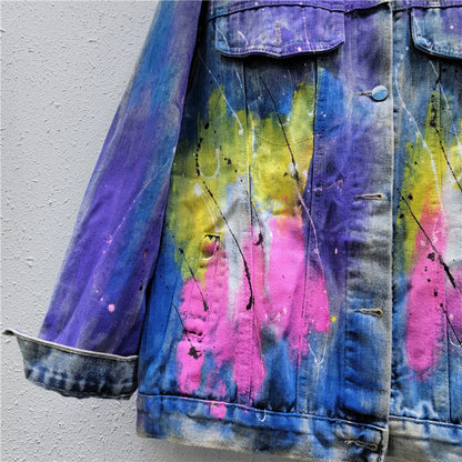 Hand drawn graffiti denim jacket women's colorful diamond studded pearl jacket